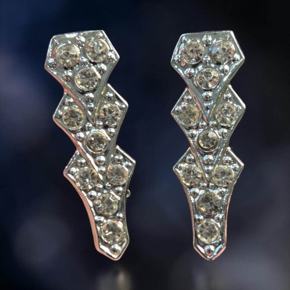 Vintage Rhinestone Brooch Pair Art Deco Geometric Duette Style Pins
